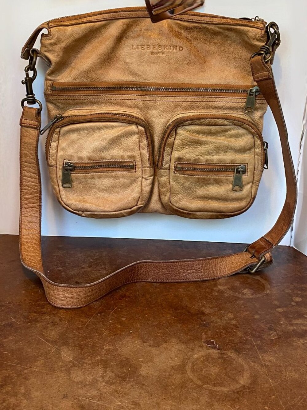 Liebeskind Berlin Crossbody Bag Distressed Medium Tan Leather Multi-Pocket